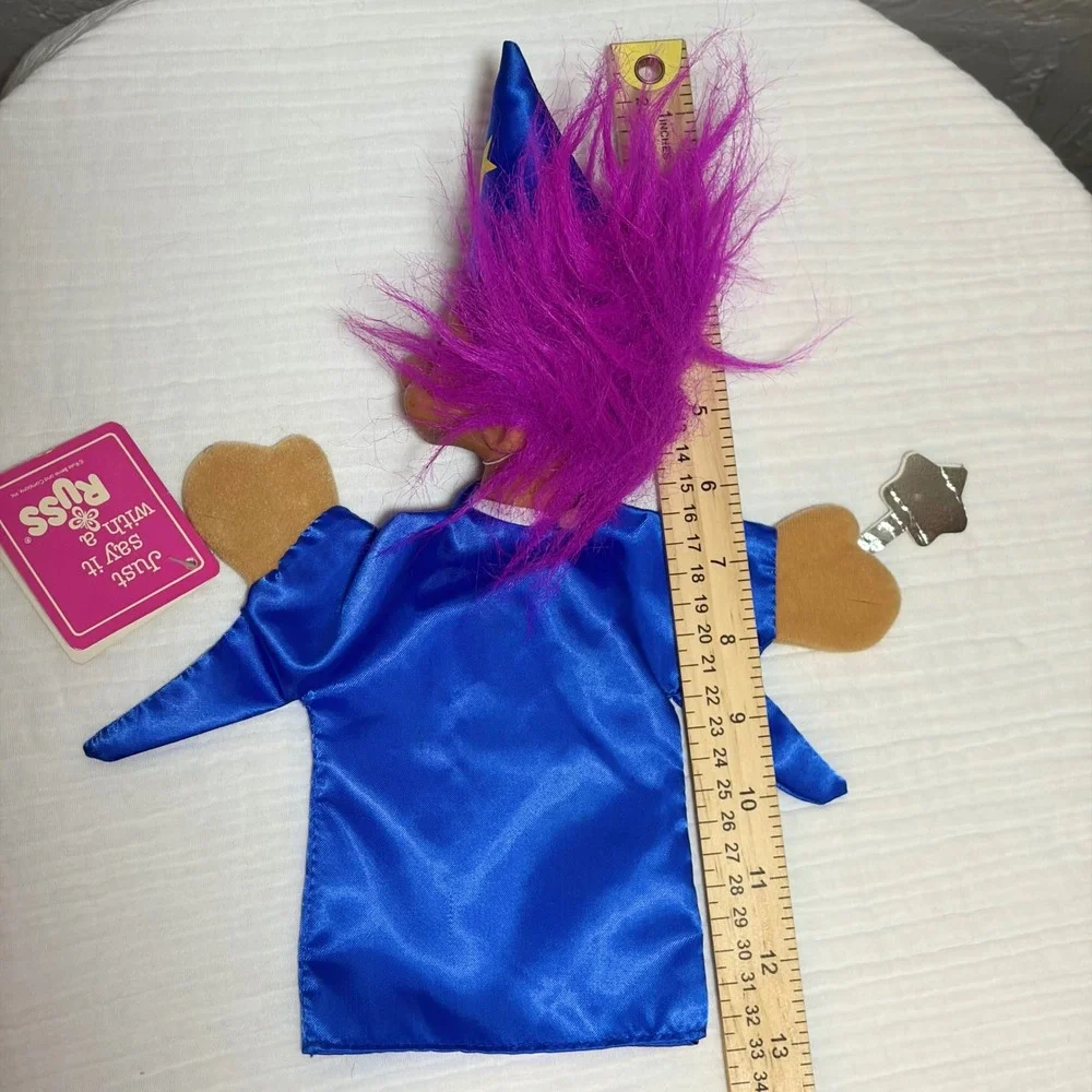 Vintage Russ Berrie Wizard Troll Hand Puppet Purple Hair Blue Robe NWT Plush